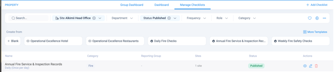 Manage Checklists page showing a checklist row with eye, pencil and bin icons in the Actions column.
