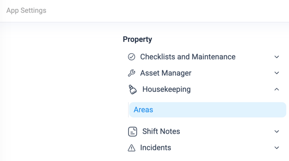 App Settings left-hand menu showing the Property section with Housekeeping expanded and Areas highlighted