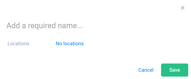 Add Area pop-up with a required name field and a Locations button showing No locations
