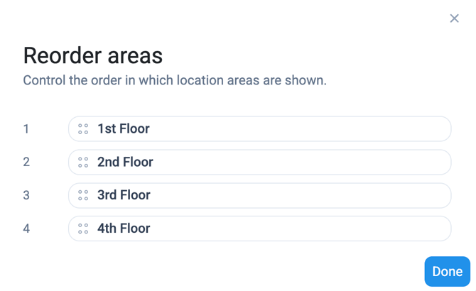Reorder areas pop-up listing four floors in numbered order, each with a drag handle, and a Done button