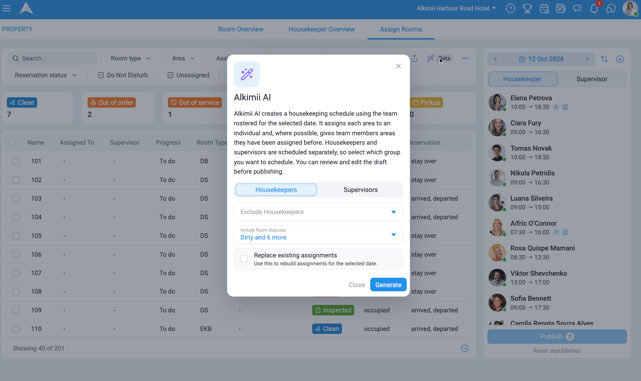 Alkimii AI pop-up explaining the auto-assign feature, with toggles for Housekeepers and Supervisors, Exclude Housekeepers and Include Room Statuses fields, and a Replace existing assignments checkbox.